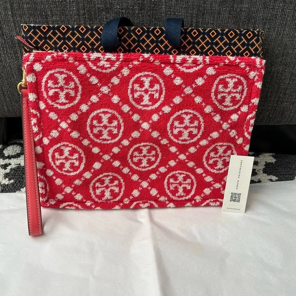 Tory Burch T Monogram Terry Pouch Wristlet Strawberry Red White Gold